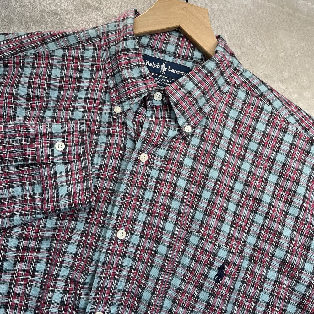 Ralph Lauren Polo Big Shirt Men's L Blue Red Plaid Long Sleeve Button Down